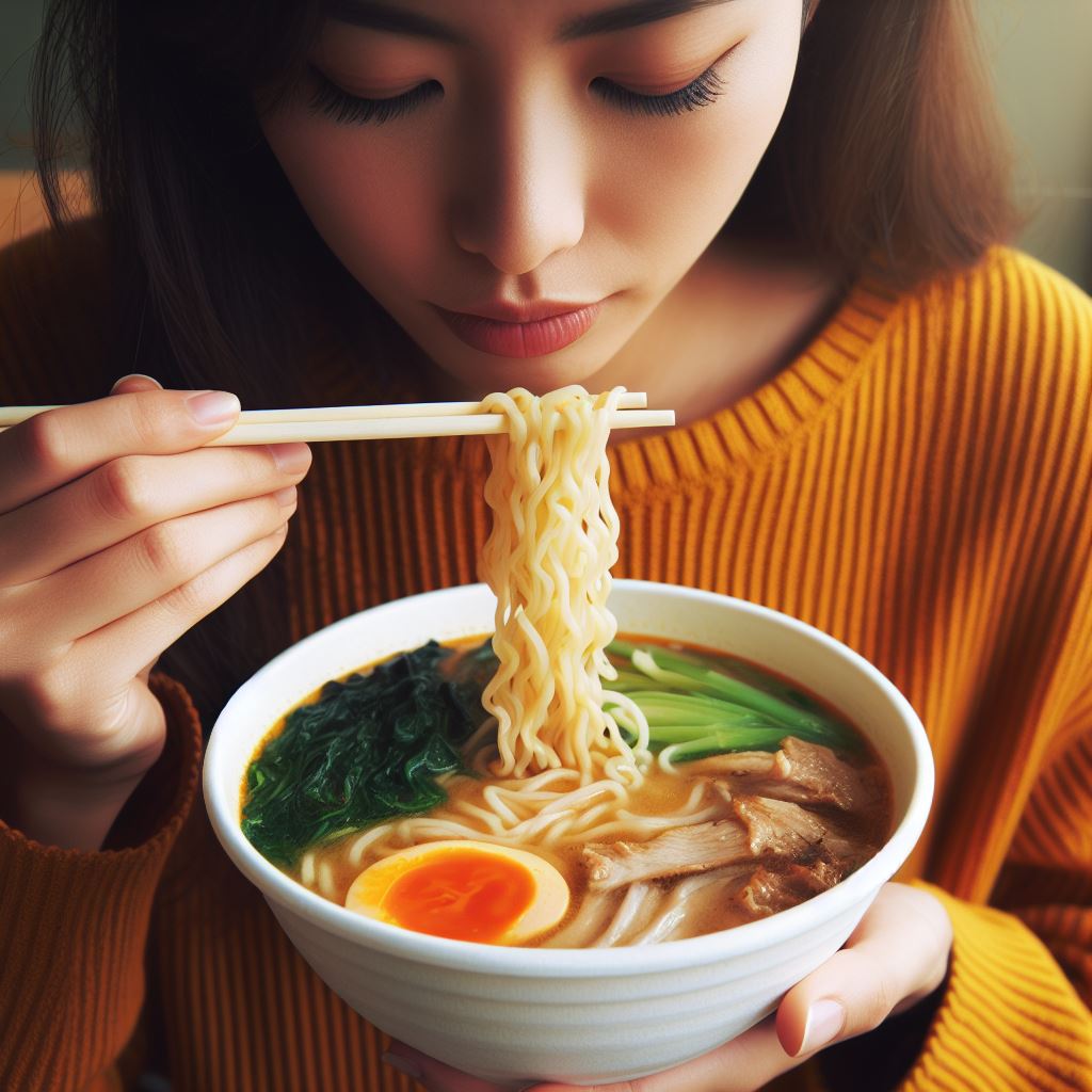 お箸を持ちながらラーメンを食べる人